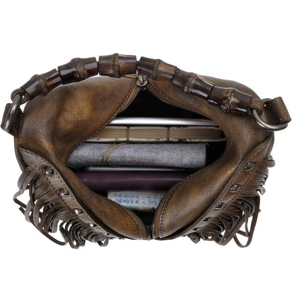 Boho Leather Crossbody Bamboo Hand Strap Featured Fringe Bohemian Tassel Brown - Picture 3 of 15